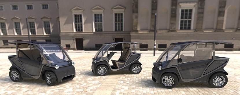 Drie Squad Solar City Cars op een Italiaanse plein